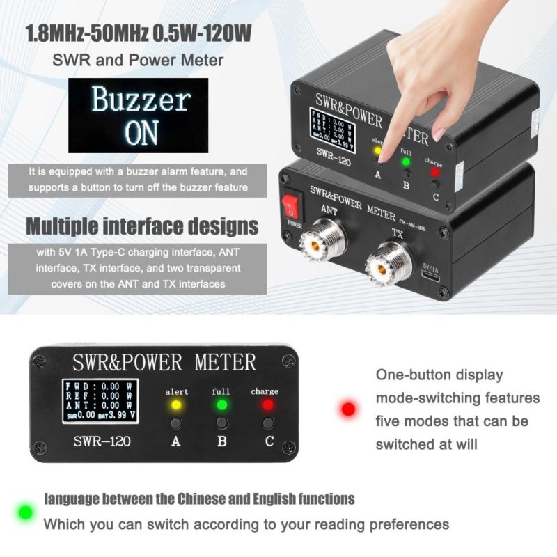 1.8MHz-50MHz 0.5W-120W Short Waves SWR and Power Watt Meter Chinese English Menu Switchable Type-C Charging Interface  |   Other Instruments Measurement & Analysis Instruments Black