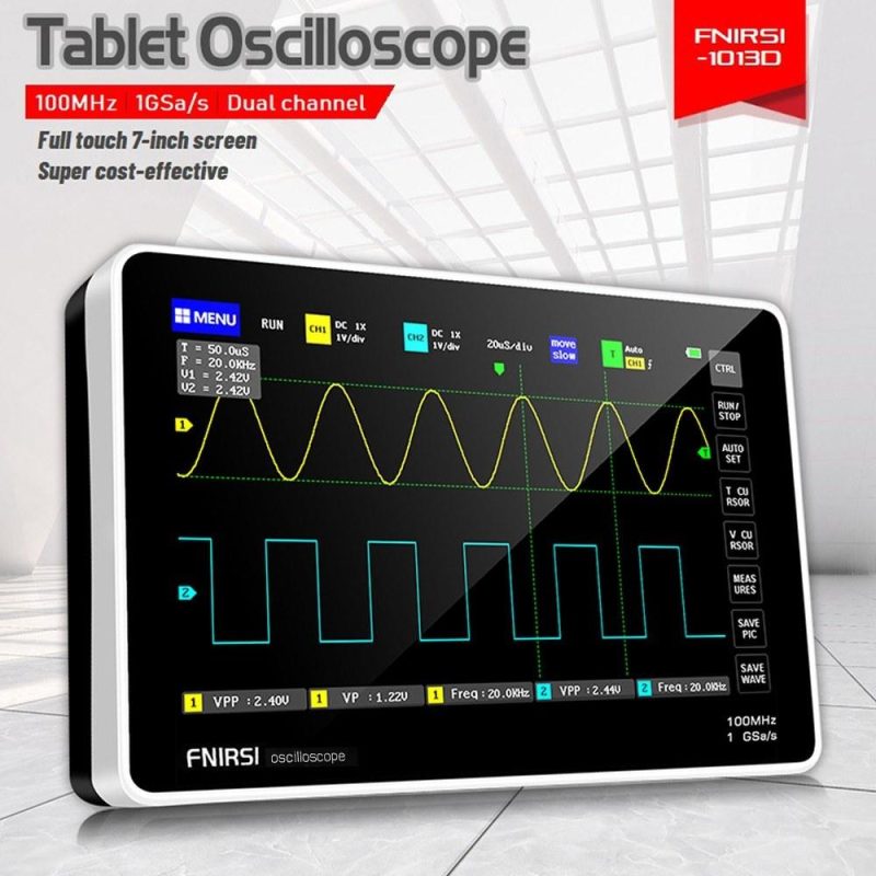 1013D 2 Channels 100MHz*2 Band Width 1GSa/s Sampling Rate Oscilloscope with 7 Inch Color TFT High Definition LCD Touching Screen  |   Digital Multimeters & Oscilloscopes Digital Multimeters & Oscilloscopes Black