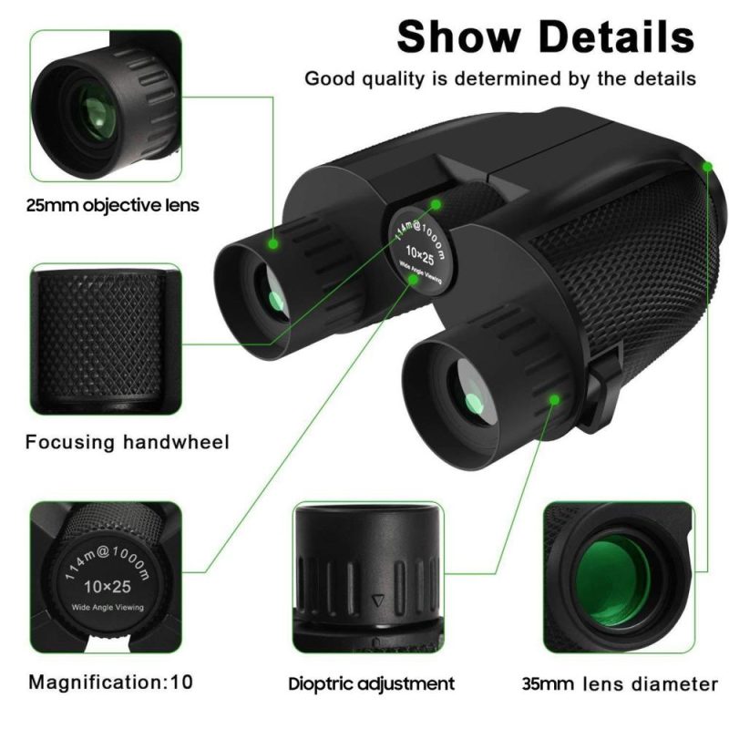 10X25 Mini Binoculars for Adults and Kids with Weak Light Night View BAK4 Prism Waterproof Binoculars for Bird Watching Travel Concerts Hiking  |   Microscopes & Endoscope Measurement & Analysis Instruments Black