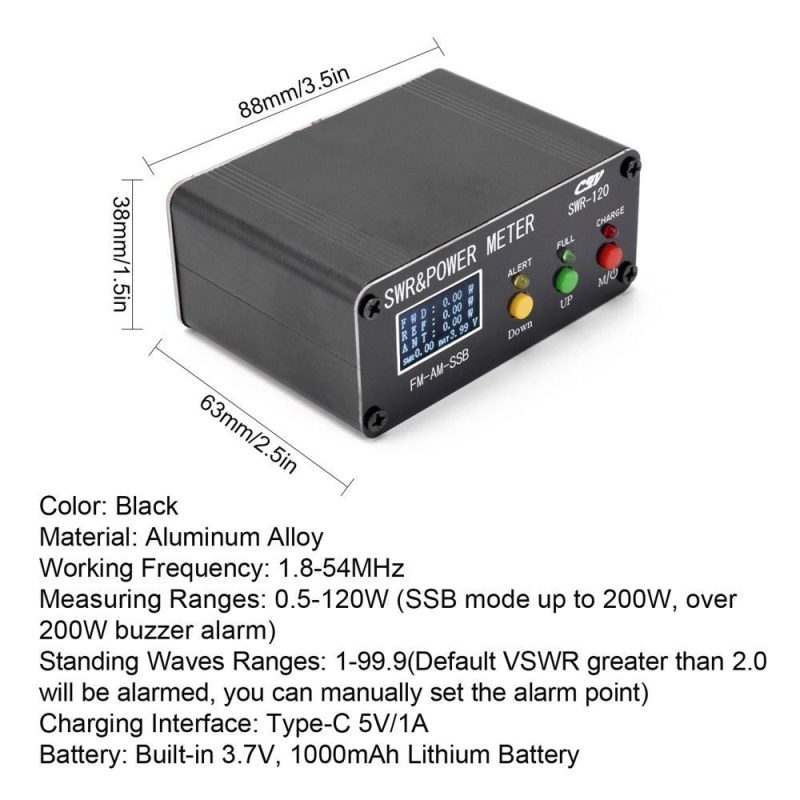 120W SWR Digital Power Standing Wave Meter 1.8-54MHz Shortwave Meter FM AM SSB Modes Power Meter Support SWR/Power Adjustable & High SWR Alarm Function  |   Other Instruments Measurement & Analysis Instruments Black