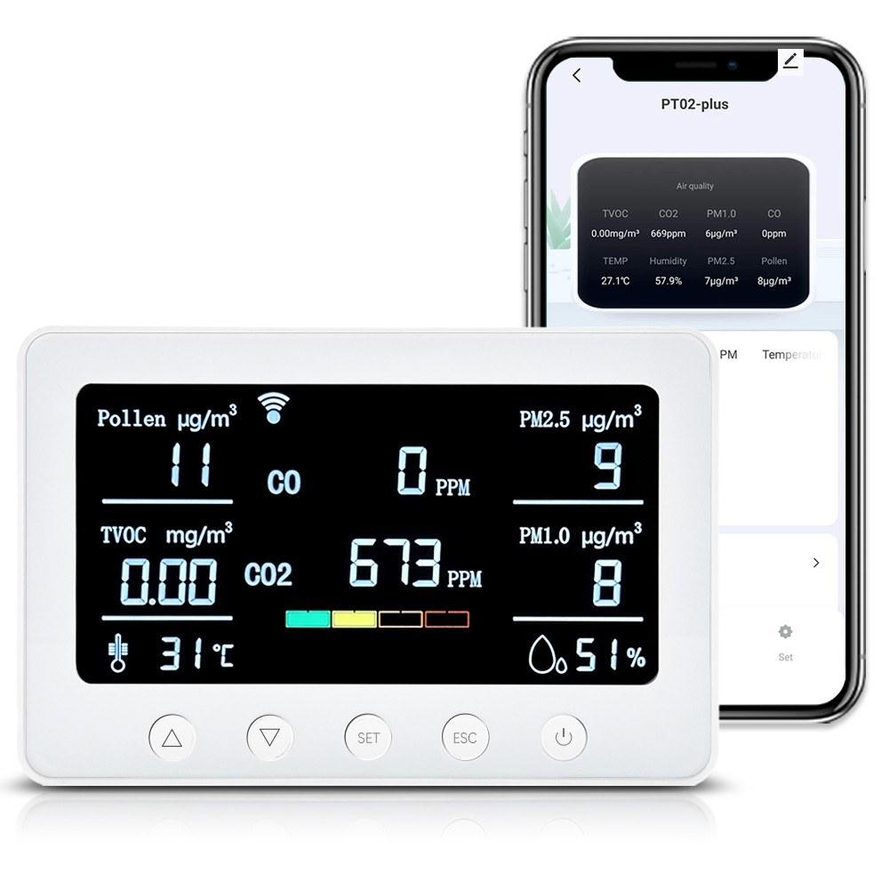 2.4GHz WiFi Air Quality Monitor 8-in-1 CO2/CO/PM2.5/PM1.0/TVOC/Pollen/Temperature and Humidity Meter with Alarm Smart Tuya APP NDIR Sensor Portable RS485 Data Logger Indoor Air Quality Detector  |   Gas detection equipment Gas detection equipment Gas detection equipment