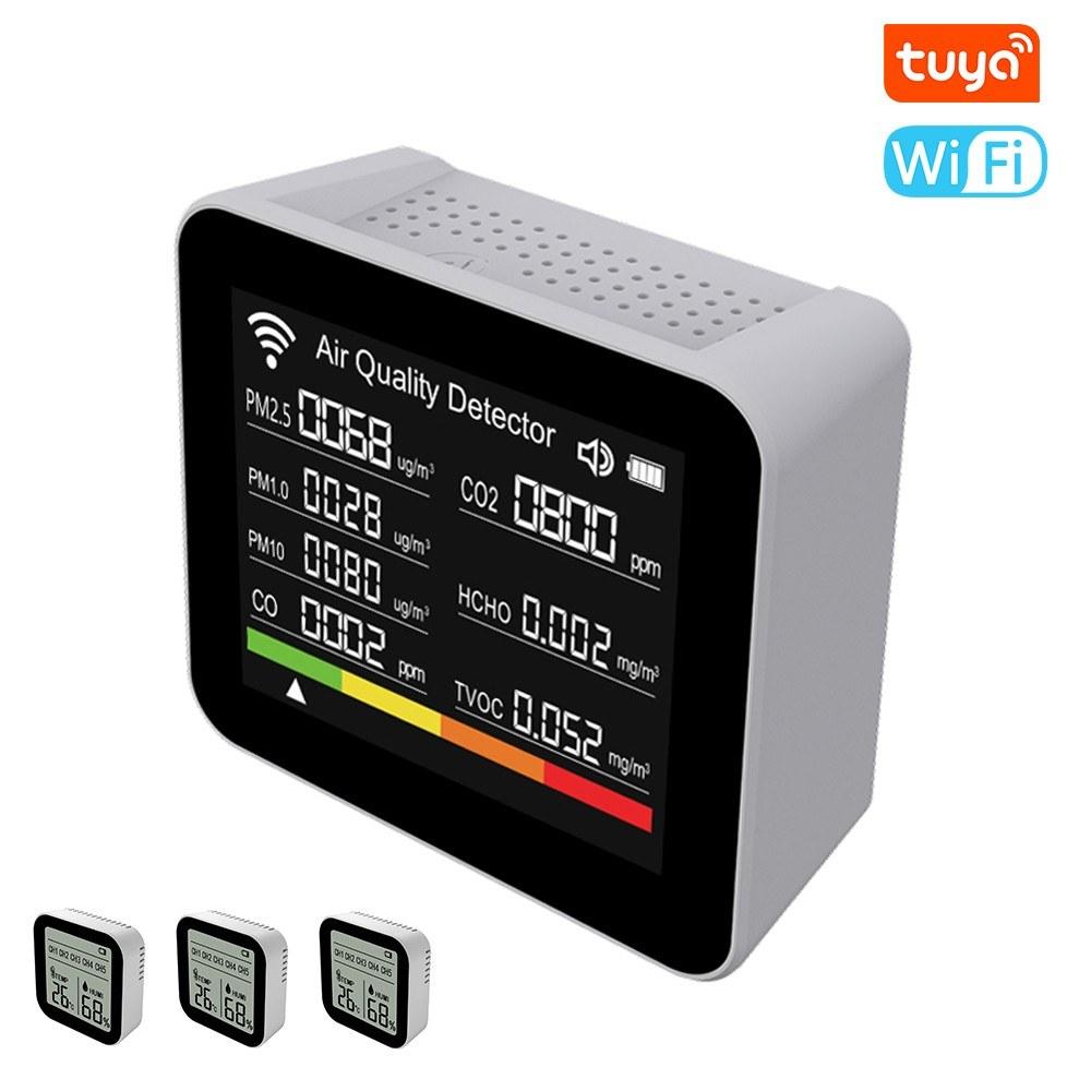 20 in 1 Tuya WIFI Intelligent Air Quality Monitor Indoor CO2 Detector CO/CO2/TVOC/HCHO/PM2.5/PM1.0/PM10/Temperature/Humidity/Time/Date/Alarm Support Remote APP Control Alarm Function for Home Office (with 3 Subunits)  |   Gas detection equipment Gas detection equipment Gas detection equipment