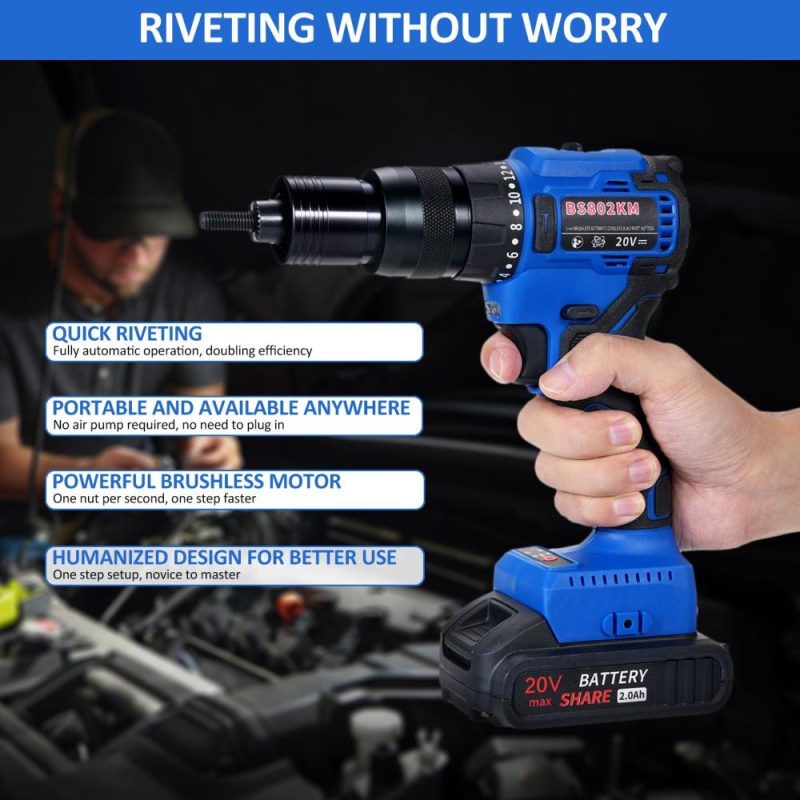 20V Cordless Rivet Machine with 2.0Ah Battery, 2-in-1 Electric Rivet Nut Kit with Memory Mode and Brushless Motor,   Automatic Blind Rivet Machine Tool for Rivets(M3-M10)  |   Electrical Equipment & Supplies Electrical Equipment & Supplies Electrical Equipment & Supplies