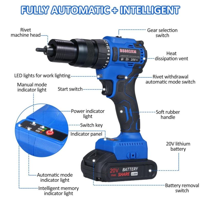 20V Cordless Rivet Machine with 2.0Ah Battery, 2-in-1 Electric Rivet Nut Kit with Memory Mode and Brushless Motor,   Automatic Blind Rivet Machine Tool for Rivets(M3-M10)  |   Electrical Equipment & Supplies Electrical Equipment & Supplies Electrical Equipment & Supplies