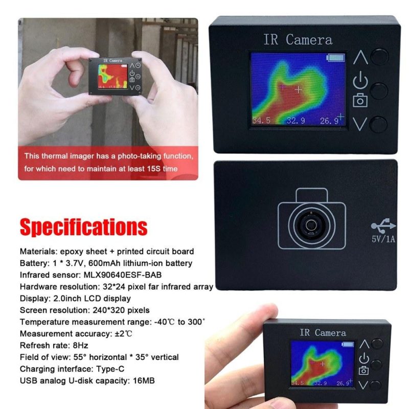 32 * 24 Pixel Infrared Sensors Portable Thermal Imager Handheld 1.8inch TFT Display 160*128 Resolution Clear Definition Imaging Camera -40℃ to 300℃ Temperature Measurement Instrument  |   Infrared Thermometer Infrared Thermometer Black