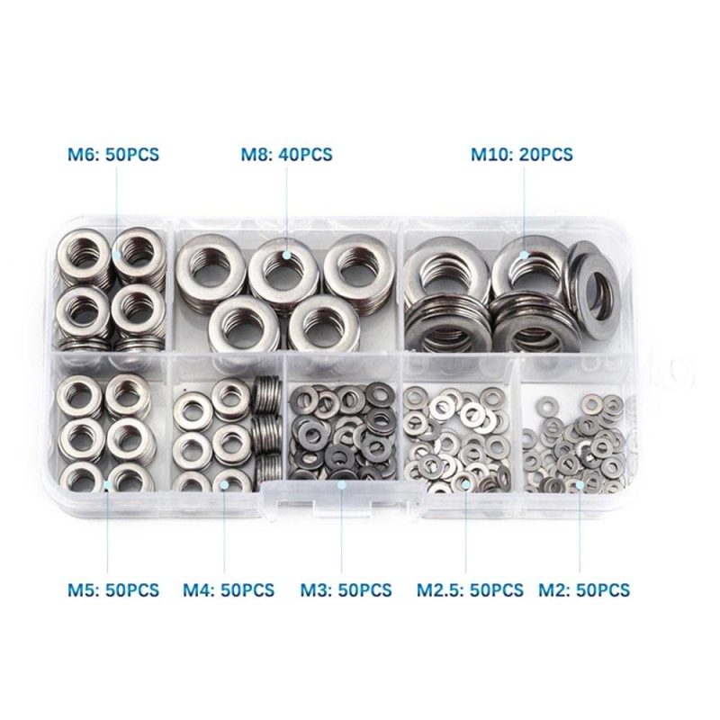 360pcs 8 Sizes Stainless Steel Flat Washers Assortment Set Kit with Storage Box Portable(M2 M2.5 M 3 M 4 M5 M6 M 8 M 10)  |   Others Hardware & Gadgets Others