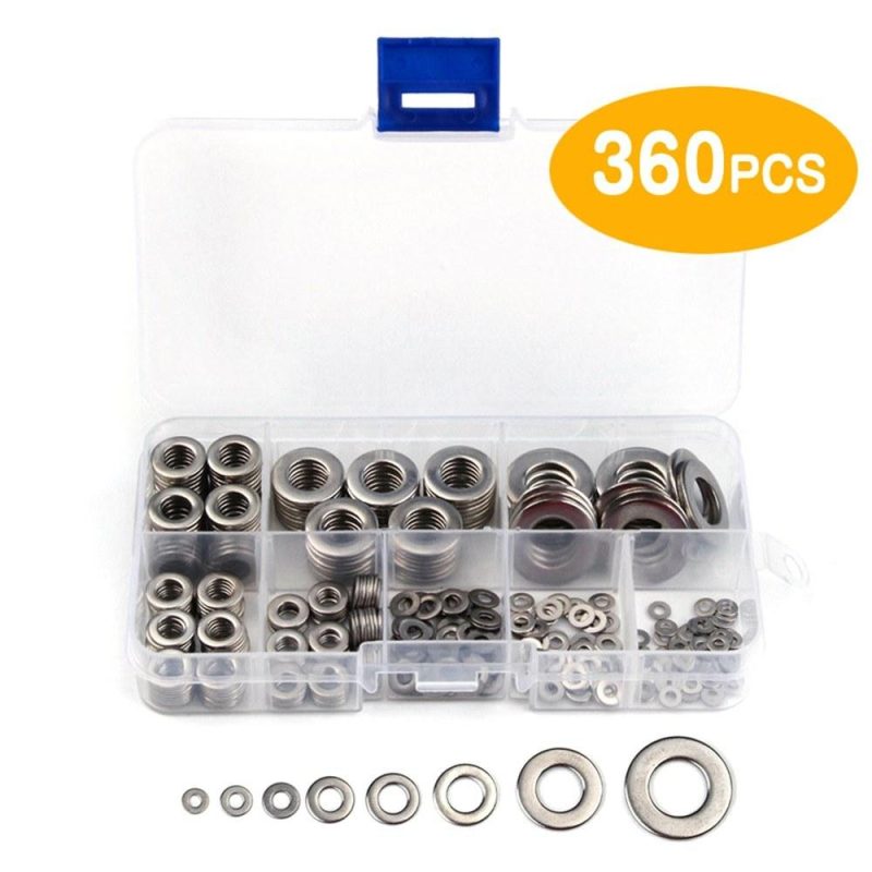 360pcs 8 Sizes Stainless Steel Flat Washers Assortment Set Kit with Storage Box Portable(M2 M2.5 M 3 M 4 M5 M6 M 8 M 10)  |   Others Hardware & Gadgets Others