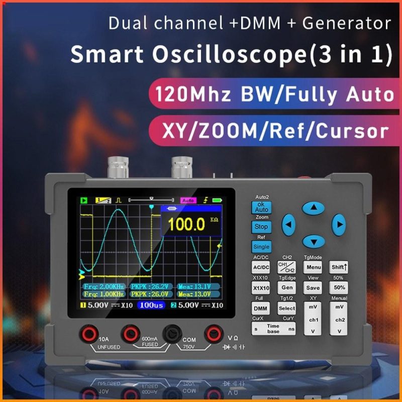 3in1 Oscilloscope Multimeter Signal Generator Machine 3.2inch IPS Display 120Mhz Bandwidth 250MSa/s Sampling Rate Dual Channel Oscillometer  |   Digital Multimeters & Oscilloscopes Digital Multimeters & Oscilloscopes Black