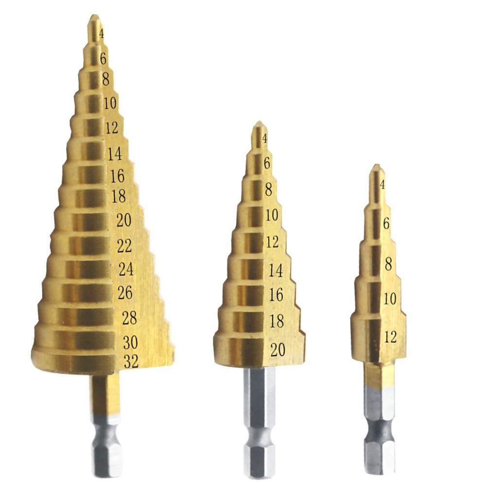 3pcs HSS Step Drill Bit Set 4-32mm 4-20mm 4-12mm Straight Groove Step Drill Bit Titanium Coated Wood Metal Hole Cutter Core Drill Bit Set Metric  |   Others Hardware & Gadgets Gold + Sliver