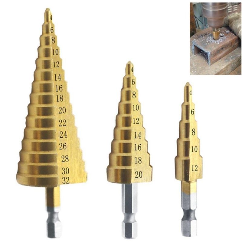 3pcs HSS Step Drill Bit Set 4-32mm 4-20mm 4-12mm Straight Groove Step Drill Bit Titanium Coated Wood Metal Hole Cutter Core Drill Bit Set Metric  |   Others Hardware & Gadgets Gold + Sliver