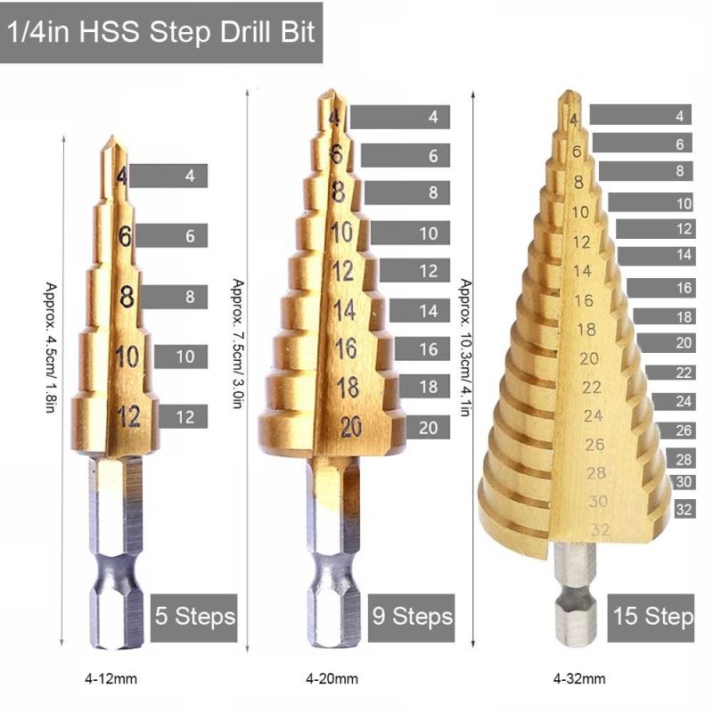 3pcs HSS Step Drill Bit Set 4-32mm 4-20mm 4-12mm Straight Groove Step Drill Bit Titanium Coated Wood Metal Hole Cutter Core Drill Bit Set Metric  |   Others Hardware & Gadgets Gold + Sliver