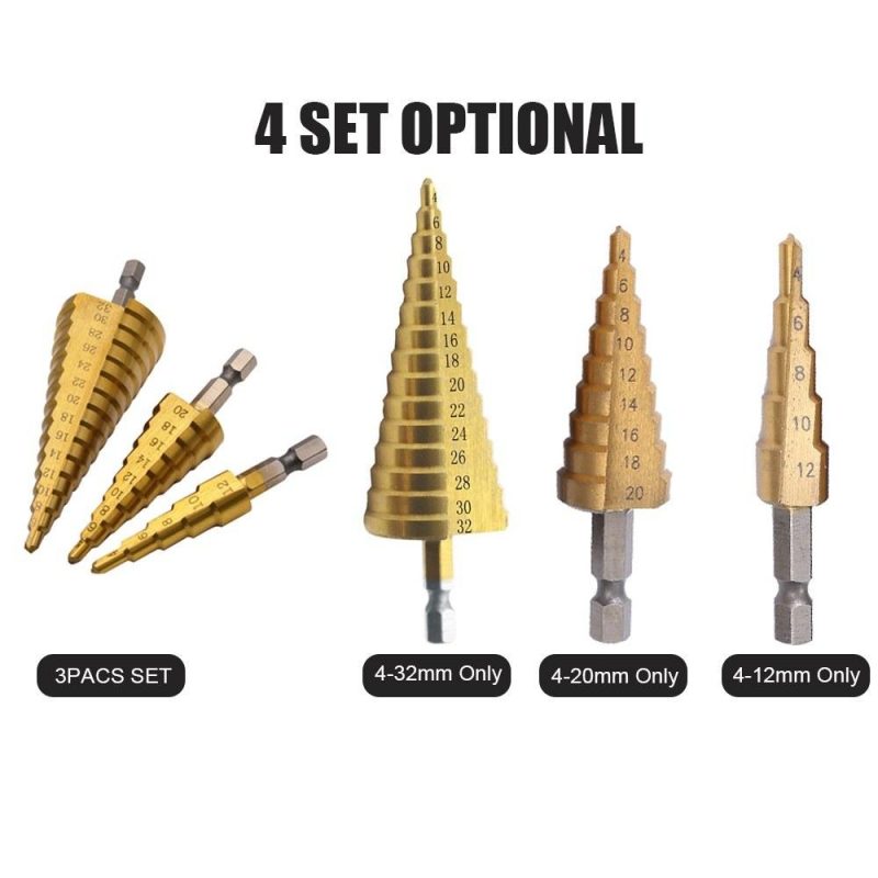 3pcs HSS Step Drill Bit Set 4-32mm 4-20mm 4-12mm Straight Groove Step Drill Bit Titanium Coated Wood Metal Hole Cutter Core Drill Bit Set Metric  |   Others Hardware & Gadgets Gold + Sliver