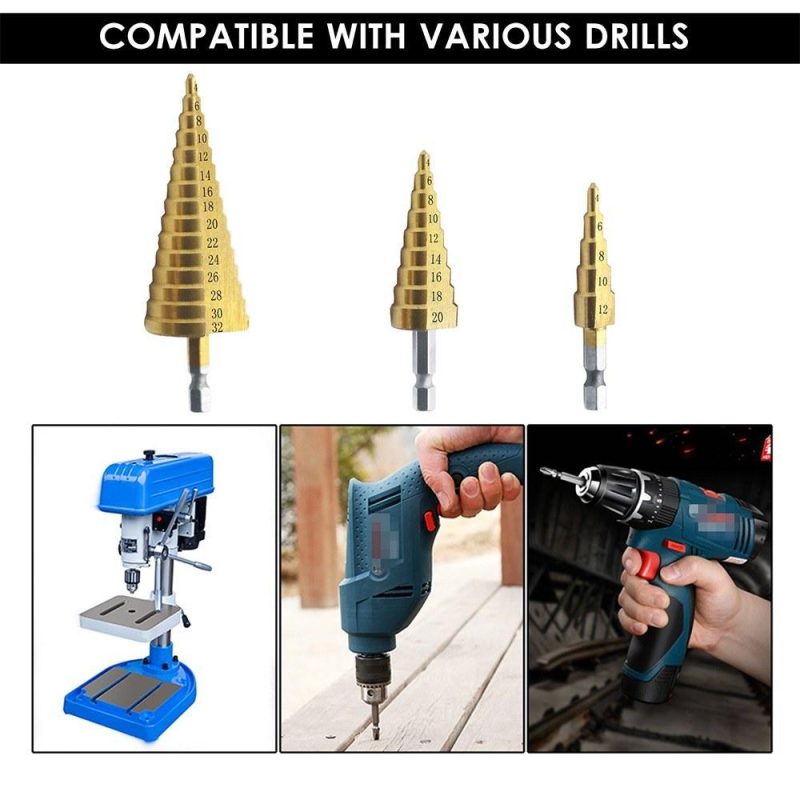 3pcs HSS Step Drill Bit Set 4-32mm 4-20mm 4-12mm Straight Groove Step Drill Bit Titanium Coated Wood Metal Hole Cutter Core Drill Bit Set Metric  |   Others Hardware & Gadgets Gold + Sliver