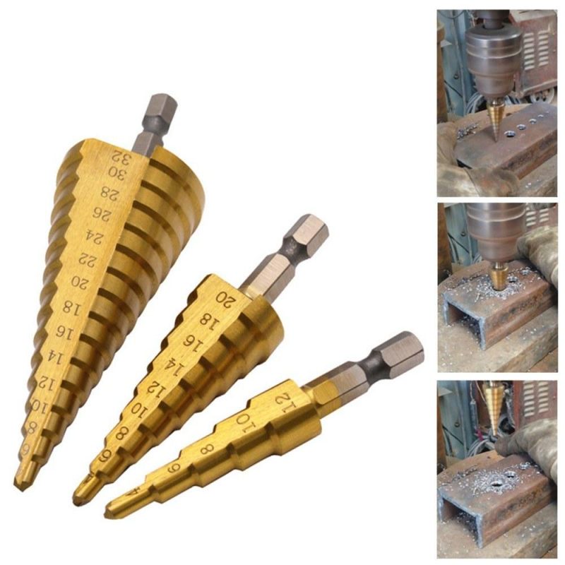 3pcs HSS Step Drill Bit Set 4-32mm 4-20mm 4-12mm Straight Groove Step Drill Bit Titanium Coated Wood Metal Hole Cutter Core Drill Bit Set Metric  |   Others Hardware & Gadgets Gold + Sliver