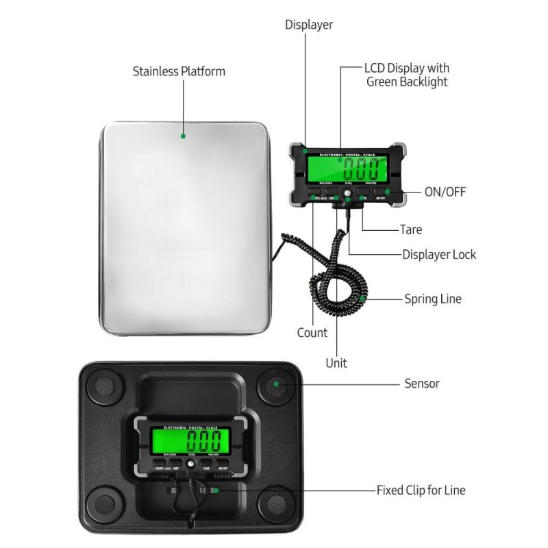 440 Lbs Electronic Postal Scale 0.05kg Precision Integrated Stainless Steel Digital Scale with LCD Backlight Display Shipping Scales with Auto off/ Data Hold/ Tare/ Count  |   Digital Scales Digital Scales Digital Scales