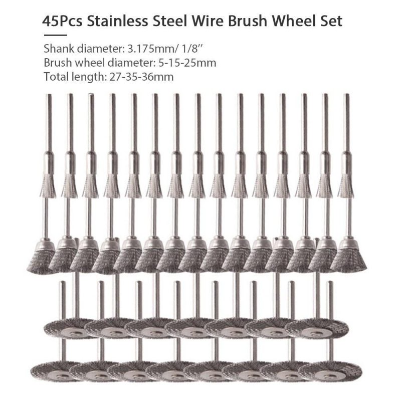 45-Pieces Stainless Steel Wire Brush Wheel Set 1/8” Shank Wire Brush 10/15/25mm Diameter Brush Wheel for Polishing Grinding  |   Power Tool Parts Power & Electrical Tools Power Tool Parts