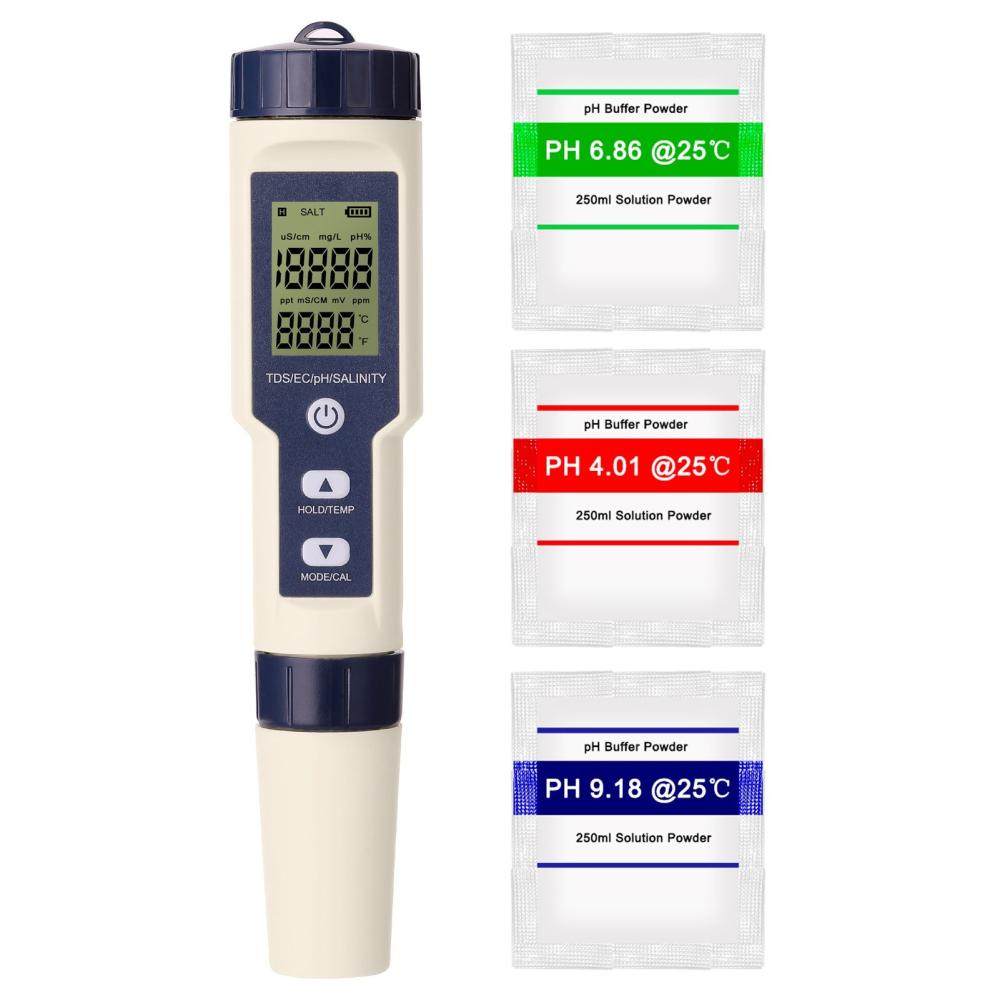 5 in 1 Professional Multi-parameter Combo Testing Meter PH/EC/TDS/Salinity/Thermometer Digital Multi-Function Tester Water Quality Tester  |   Water quality analysis equipment Measurement & Analysis Instruments Black + White