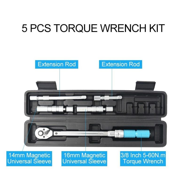 5 PCS 3/8 Inch Drive Click Torque Wrench Kit with Storage Case 5 to 60N.m Adjustable Torque Ratcheting Torque Wrench Spark Plug Set Quick Release for Auto Repair Mechanical Assembly  |   Wrenches Professional Tools Silver + Blue