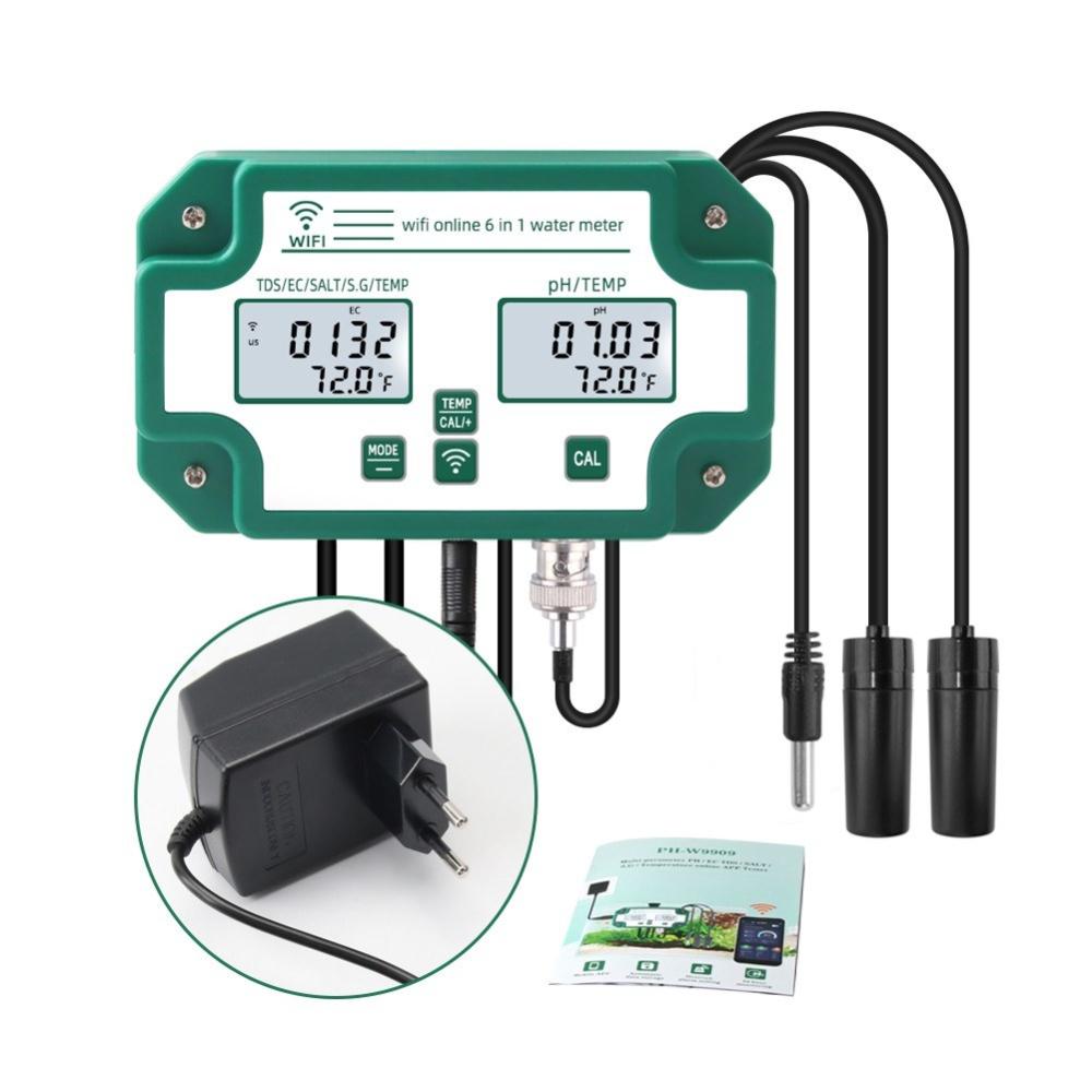 6 in 1 Water Quality Tester Tuya WiFi Multi-Parameter Water Quality Monitor Digital PH/Total Dissolved Solids/EC/SG/Salt/Temp Meter for Aquarium Aquaculture Swimming Pool  |   Water quality analysis equipment Measurement & Analysis Instruments Green