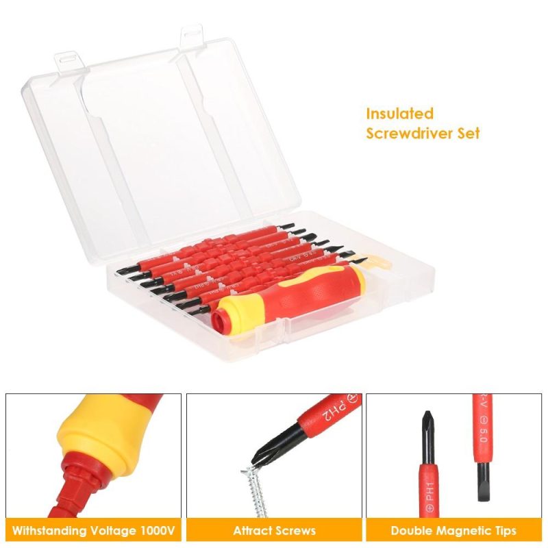 7 in 1 1000V Changeable Insulated Screwdrivers Set with Magnetic Phillips and Slotted Bits Electrician Repair Tools Kit  |   Screwdriver & Screwdriver Set Professional Tools Red/Yellow