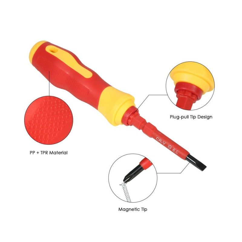 7 in 1 1000V Changeable Insulated Screwdrivers Set with Magnetic Phillips and Slotted Bits Electrician Repair Tools Kit  |   Screwdriver & Screwdriver Set Professional Tools Red/Yellow