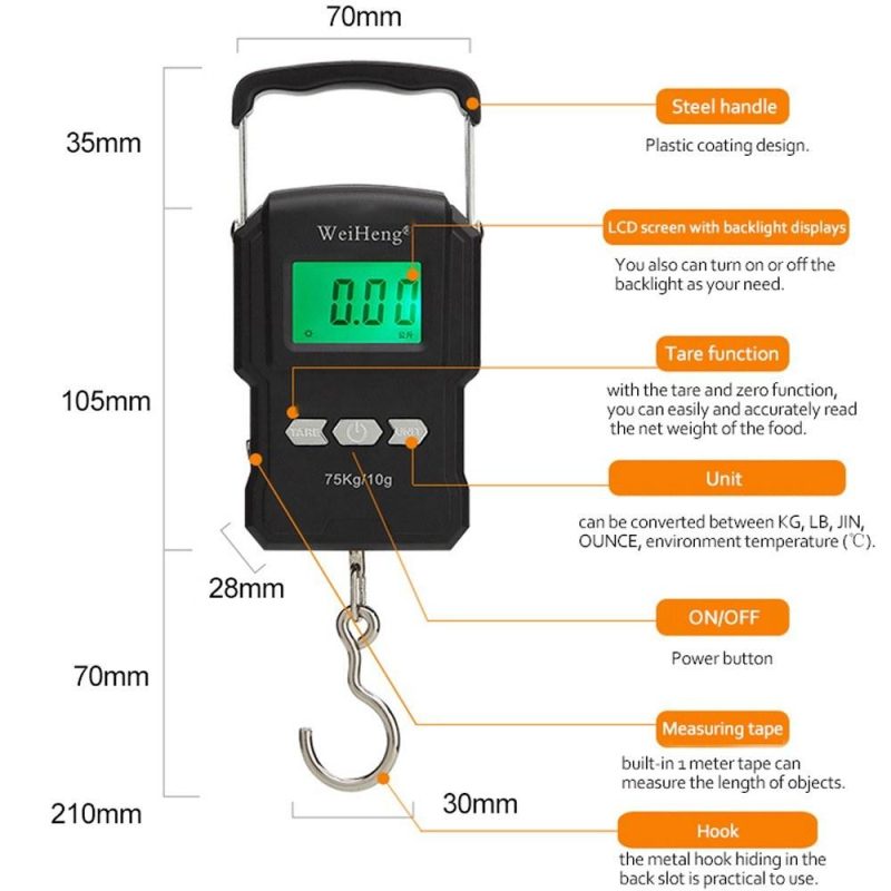 75Kg/10g Electronic Backlight Weighing Scale Portable Digital Fishing Postal Hanging Hook Scale with Measuring Tape  |   Digital Scales Digital Scales Digital Scales