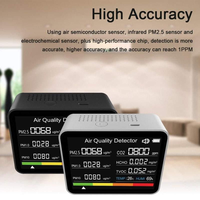 8 in 1 Air Quality Monitor CO2 Meter Carbon Dioxide Detector CO2 TVOC HCHO PM2.5 PM1.0 PM10 Temperature Humidity Detection with Alarm Function for Home Office Car  |   Gas detection equipment Gas detection equipment Black + White