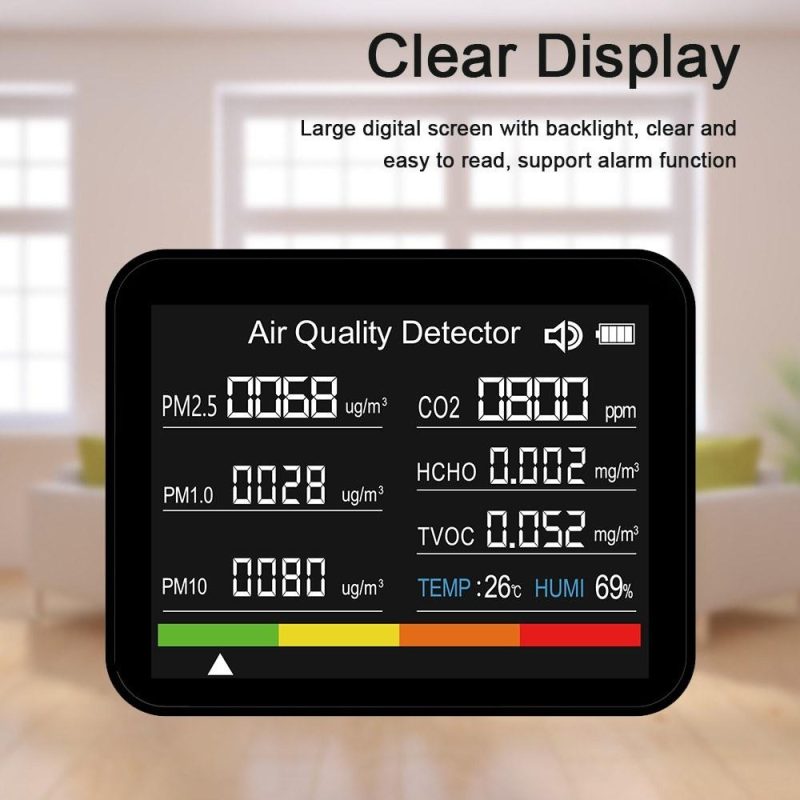 8 in 1 Air Quality Monitor CO2 Meter Carbon Dioxide Detector CO2 TVOC HCHO PM2.5 PM1.0 PM10 Temperature Humidity Detection with Alarm Function for Home Office Car  |   Gas detection equipment Gas detection equipment Black + White