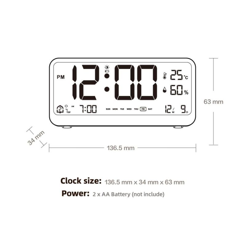 8001-EN Multifunctional Digital Clock LED Brightness Adjustable Temperature Humidity Displaying Alarm Clock with Dual Alarms Modes, Week & Date & Month Display, 12/24H Format, Snooze Function, Auto-Dimming, Light-at-Night Mode  |   Temperature & Humidity Measurements Measurement & Analysis Instruments Black + White