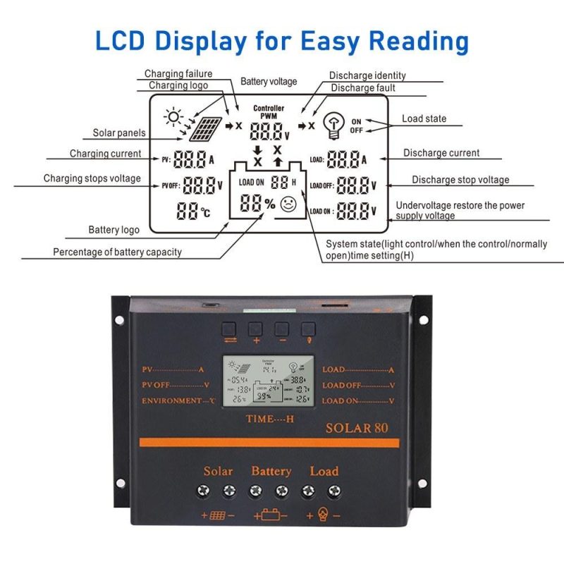 80A PWM Solar Charge Controller 12V/ 24V Self-Adapting LCD Solar Panel Battery Charge Discharge Regulator with 5V USB Output Temperature Compensation Multiple Protections  |   Electrical Equipment & Supplies Electrical Equipment & Supplies Electrical Equipment & Supplies