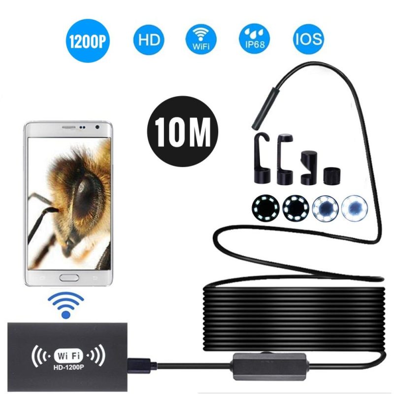 8mm Wireless Endoscope Camera IP68 Waterproof WiFi Inspection 2.0MP HD 8 LED Semi-Rigid Cable Borescope for iPhones iPads Android Devices and PC Black 10M  |   Microscopes & Endoscope Measurement & Analysis Instruments Black + Yellow