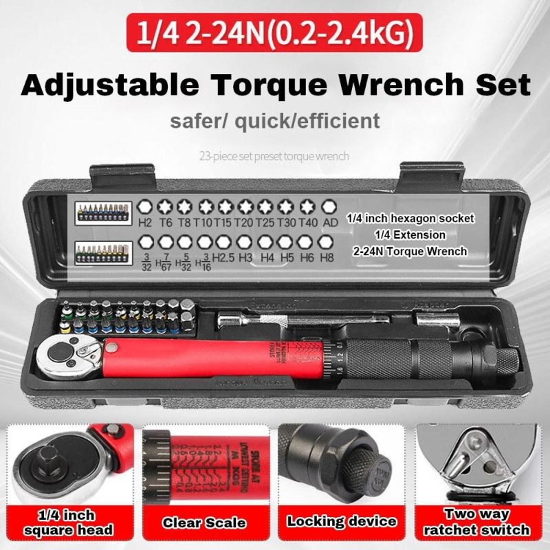 Adjustable Torque Wrench Set 1/4Inch Drive Spanner Kit 2-24N.m Hand Tool Bicycle Motorbike Car Repairing Accessory  |   Wrenches Professional Tools Multicolor