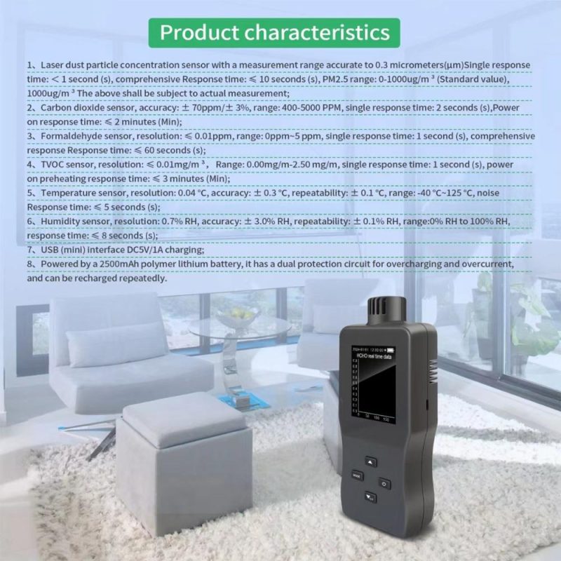 Air Quality Monitor Indoor Air Quality Tester HCHO/COO₂/TVOC/PM2.5/Temp/Humidity Air Quality Detector High Precision Sensor  |   Gas detection equipment Gas detection equipment Black