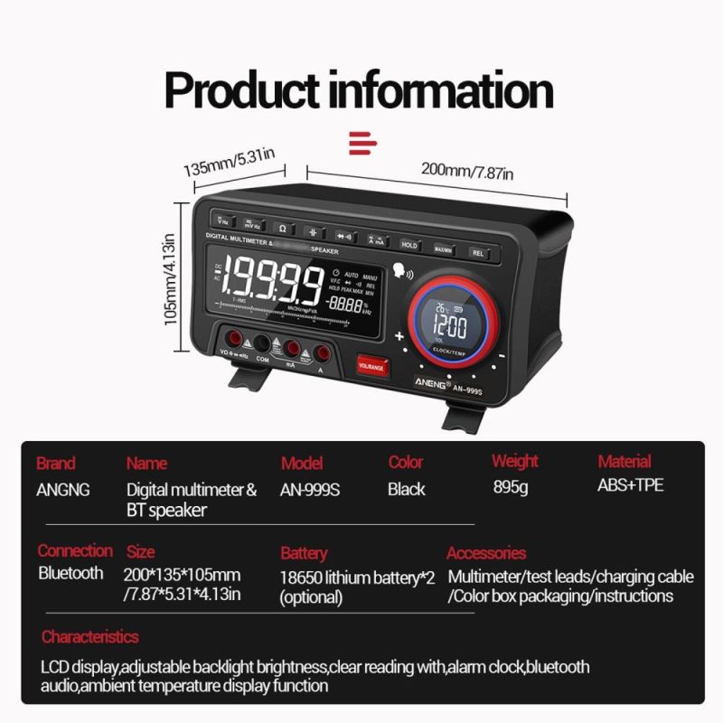 ANENG 2-In-1 BT Speaker AC/DC Bench Multimeter 19999 Counts True-RMS Voice Broadcast Multimeter (without Rechargeable Battery)  |   Digital Multimeters & Oscilloscopes Digital Multimeters & Oscilloscopes Black