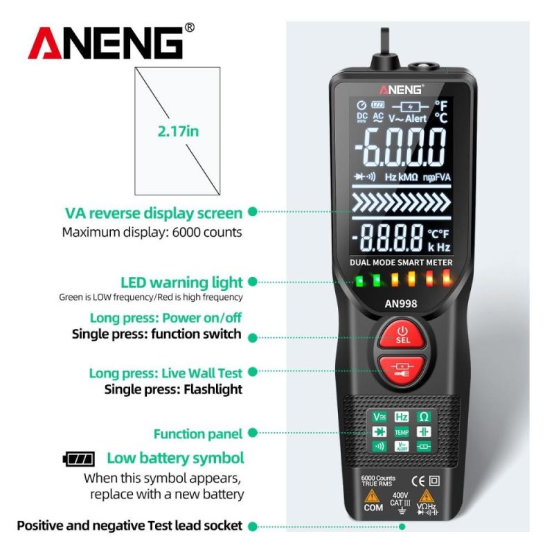 ANENG Intelligent Digital Multimeter Fully Automatic Non-Contact Tester Digital NCV Tester VA Display  |   Digital Multimeters & Oscilloscopes Digital Multimeters & Oscilloscopes Black