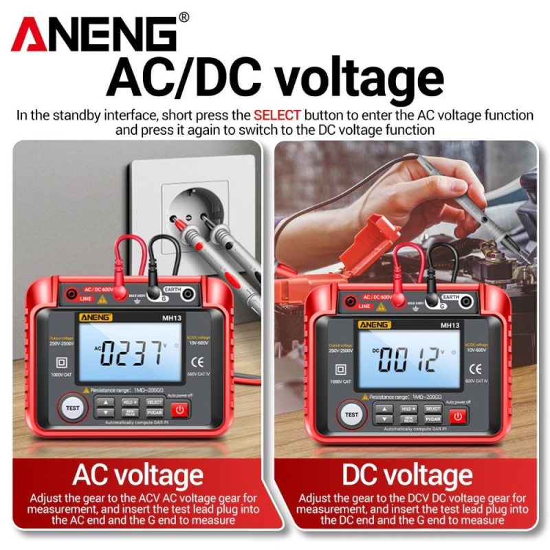 ANENG MH13 250V-2500V Digital Insulation Resistance Tester 1MΩ-200GΩ  Megohm Testing Meter Auto Range 2000 Counts LCD Display 10V~600V AC/DC Voltmeter with 100 Data Storage  |   Electrical Measuring Tools Electrical Measuring Tools Electrical Measuring Tools