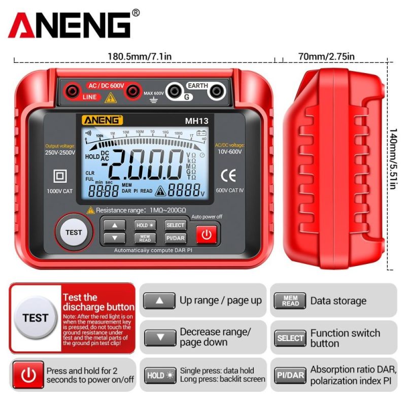 ANENG MH13 250V-2500V Digital Insulation Resistance Tester 1MΩ-200GΩ  Megohm Testing Meter Auto Range 2000 Counts LCD Display 10V~600V AC/DC Voltmeter with 100 Data Storage  |   Electrical Measuring Tools Electrical Measuring Tools Electrical Measuring Tools