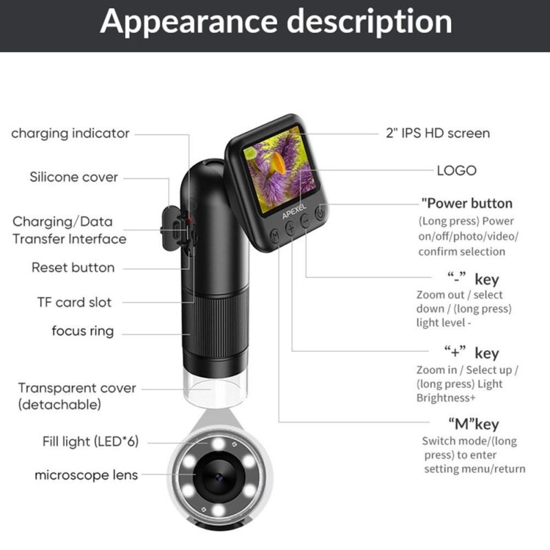 APEXEL APL-MS008 12X-24X Magnification Handheld Digital Microscope  |   Microscopes & Endoscope Measurement & Analysis Instruments Black