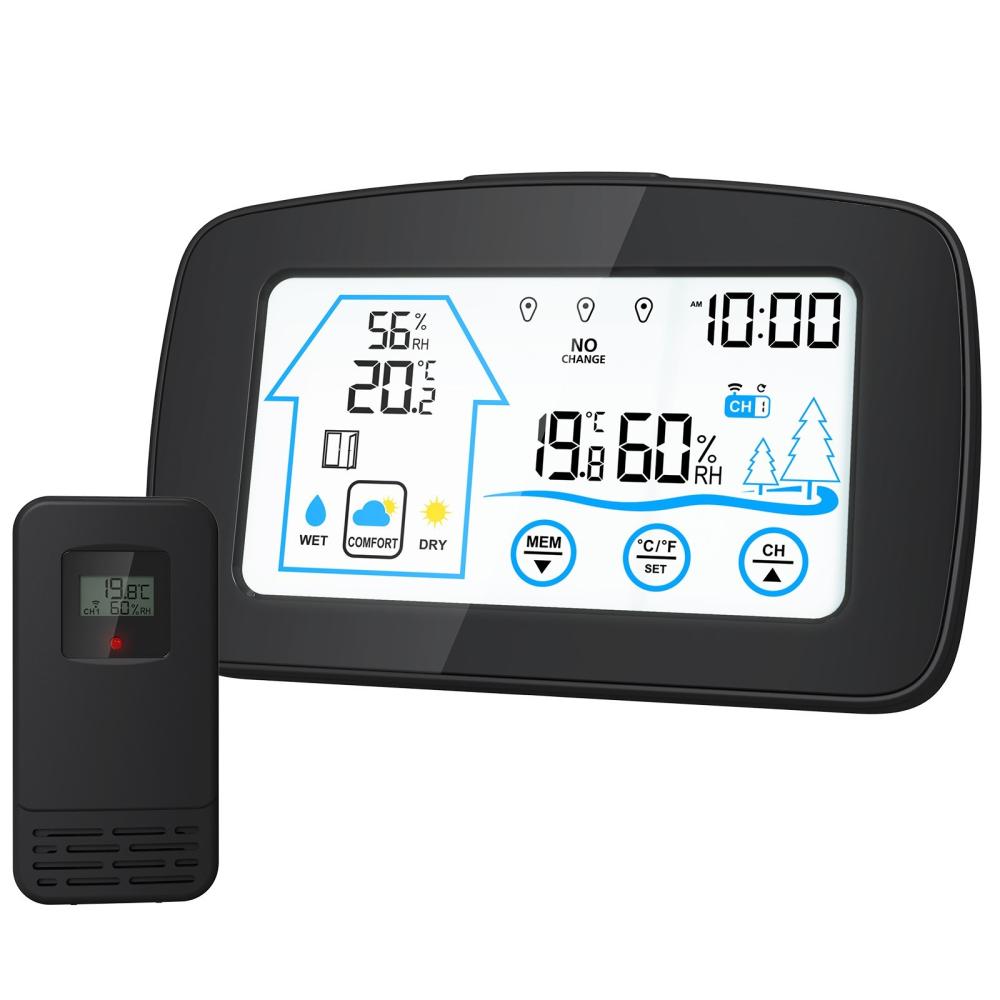 Backlight Touch Screen Digital Weather Station,  Smart Temperature and Humidity Meter Weather Clock, With Temperature and Humidity Detection, Open/Close Window Reminder, Maximum and Minimum Temperature and Humidity Record Function  |   Temperature & Humidity Measurements Measurement & Analysis Instruments Black + White