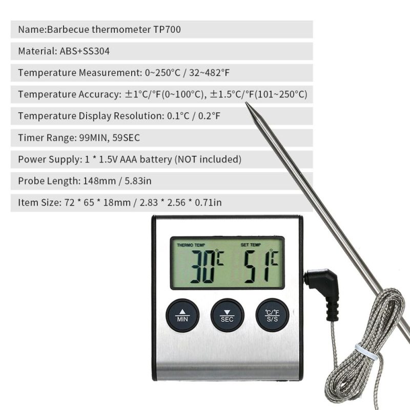 BBQ Grill Thermometer Food Thermometer 0~250°C Food Cooking Thermometer with Alarm Timer Function LCD Digital Food Temperature Gauge for Kitchen BBQ Steak Barbecue  |   Temperature & Humidity Measurements Measurement & Analysis Instruments Temperature & Humidity Measurements