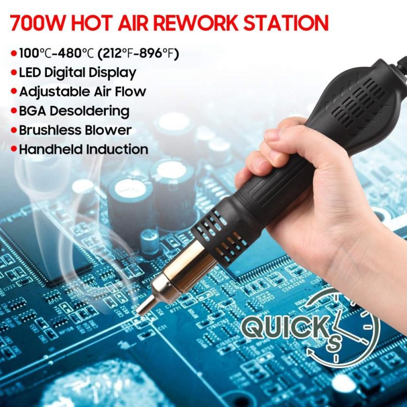 Brushless Hot Air Rework Station LED Digital 100℃-480℃ (212℉-896℉) Adjustable Air Flow 700W Portable Electric Desoldering Gun for BGA PLCC Electronics Repair PCB Heat Shrinkage Drying  |   Electrical Equipment & Supplies Electrical Equipment & Supplies Black