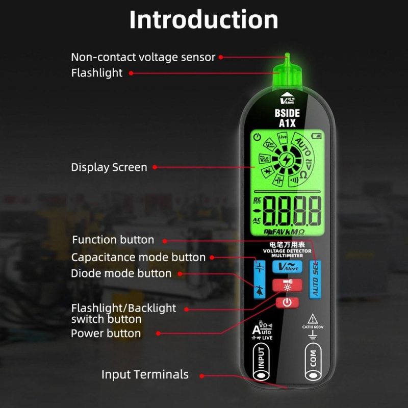 BSIDE Handheld Digital Multimeter Electric Test Pen Professional Voltage Resistance Diode Tester Live Wire Recognition Meter with Automatic Shutdown and Flashlight Function  |   Digital Multimeters & Oscilloscopes Digital Multimeters & Oscilloscopes Black