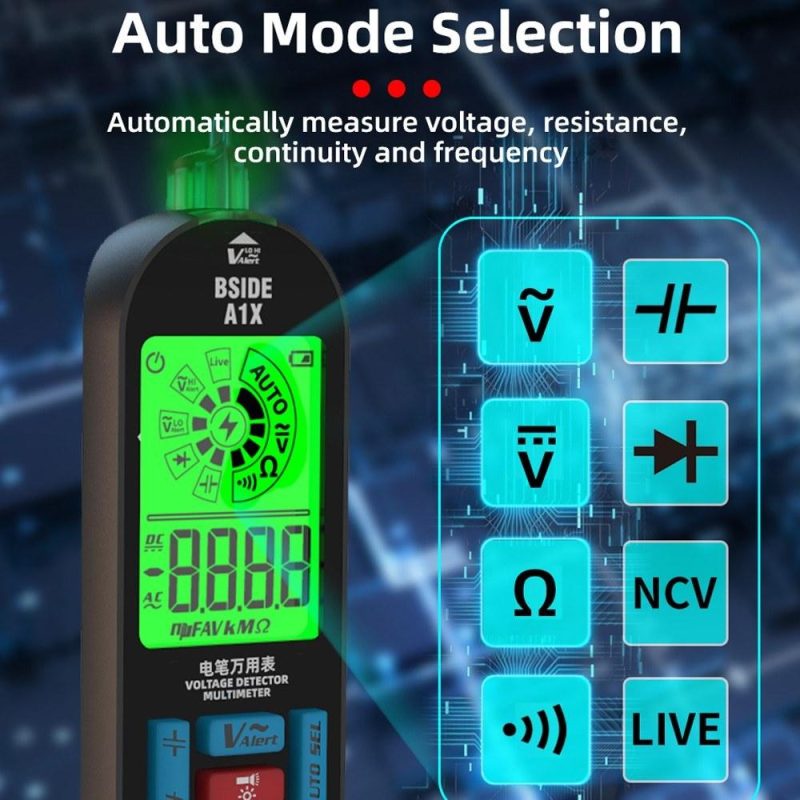 BSIDE Handheld Digital Multimeter Electric Test Pen Professional Voltage Resistance Diode Tester Live Wire Recognition Meter with Automatic Shutdown and Flashlight Function  |   Digital Multimeters & Oscilloscopes Digital Multimeters & Oscilloscopes Black