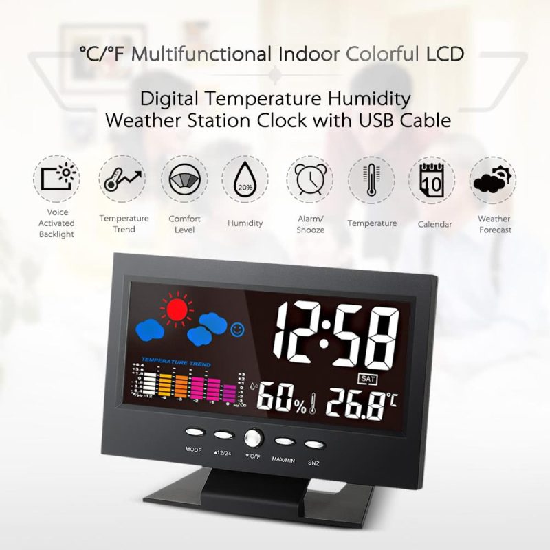 °C/°F Multifunctional Indoor Colorful LCD Digital Temperature Humidity Meter Weather Station Clock Thermometer Hygrometer Calendar Temperature Trend Alarm Comfort Level Weather Forecast Vioce-activated Backlight with USB Cable  |   Temperature & Humidity Measurements Measurement & Analysis Instruments Black Gun Plated