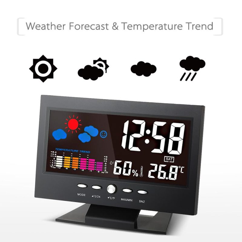 °C/°F Multifunctional Indoor Colorful LCD Digital Temperature Humidity Meter Weather Station Clock Thermometer Hygrometer Calendar Temperature Trend Alarm Comfort Level Weather Forecast Vioce-activated Backlight with USB Cable  |   Temperature & Humidity Measurements Measurement & Analysis Instruments Black Gun Plated