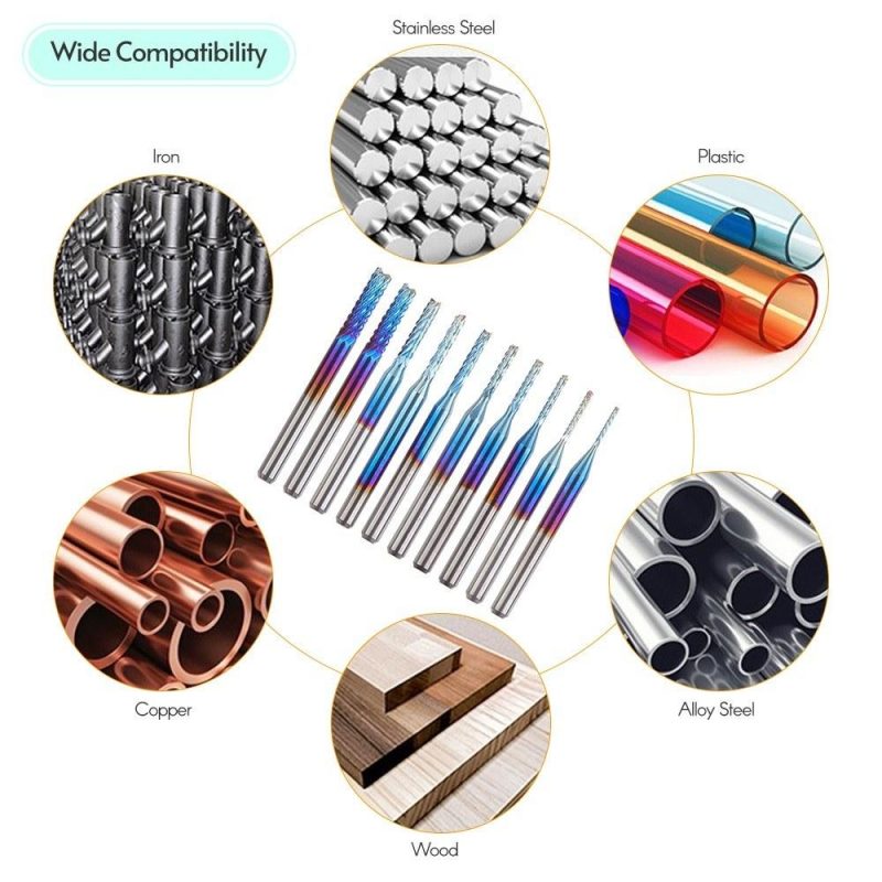 CNC Router Bits Engraving Rotary End Mills 1/8” Shank Blue Coated Router Bits Tungsten Steel Rotary Burrs Set 0.8~3.175mm, 10 Pcs  |   Others Hardware & Gadgets Others