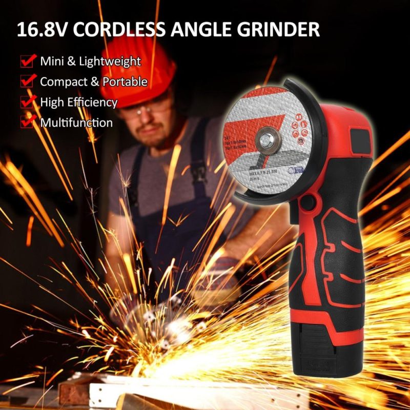 Cordless Angle Grinder 7000RPM Electric Grinding Tool Mini Grinder with 2Pcs 16.8V 2000mAh Battery and Cutting Blade for Cutting Polished Brick Wood Stone Steel  |   Electrical Equipment & Supplies Electrical Equipment & Supplies Dark Green/Grey/Red/Yellow