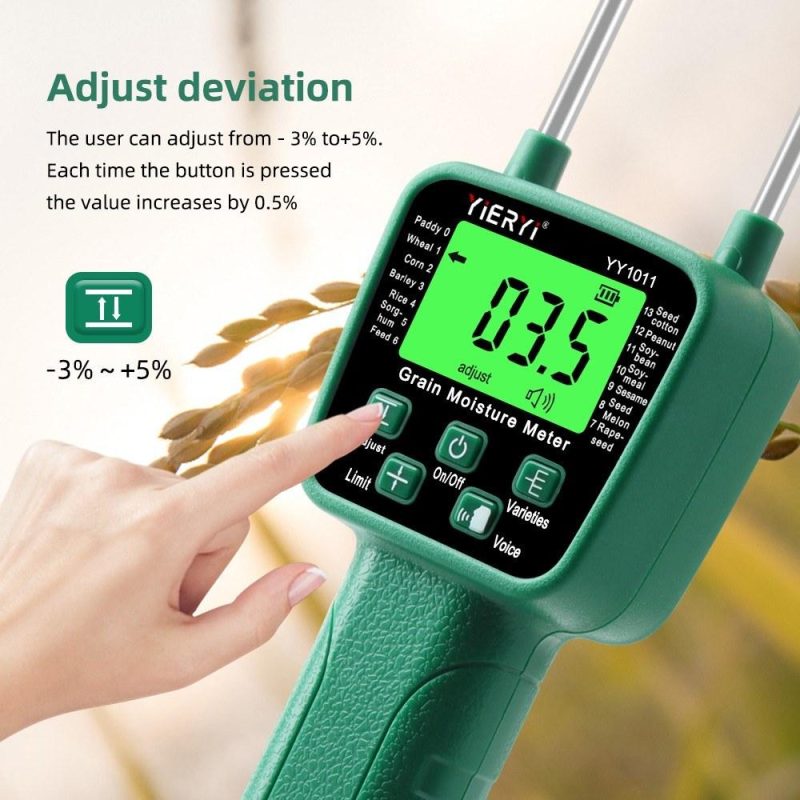 Digital Cereal Hygrometer 14 Kinds Grain Moisture Meter Voice Alarm Metal Probe High Sensitivity Sensors Practical Humidity Tester for Corn Rice Wheat Bean  |   Temperature & Humidity Measurements Measurement & Analysis Instruments Green