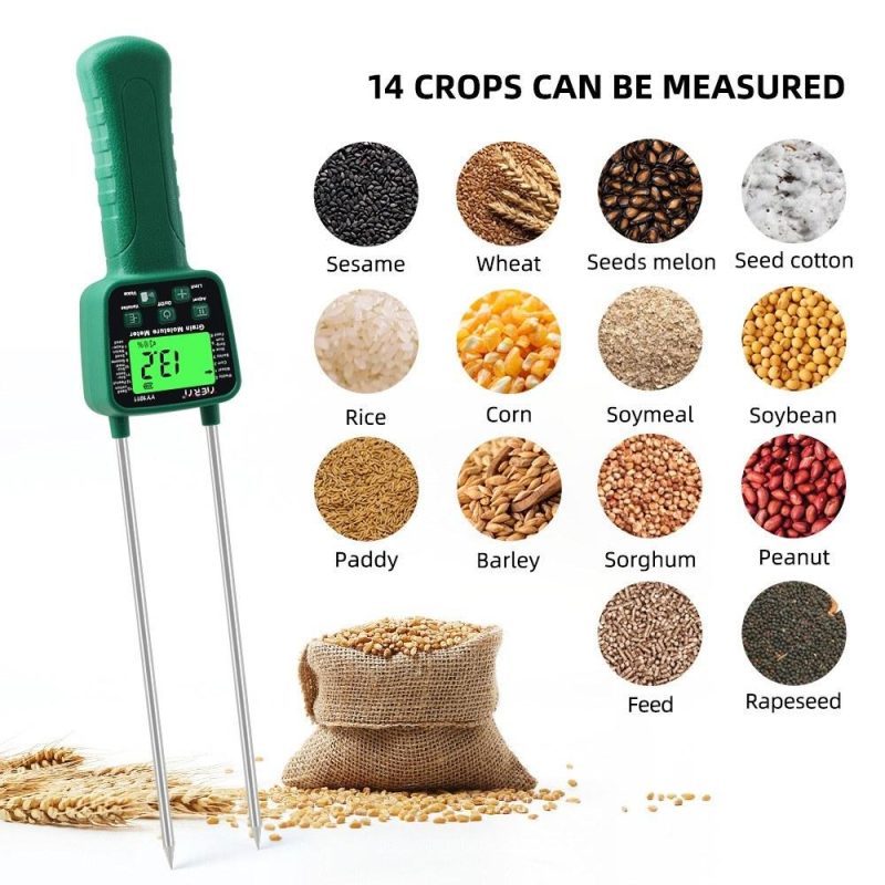 Digital Cereal Hygrometer 14 Kinds Grain Moisture Meter Voice Alarm Metal Probe High Sensitivity Sensors Practical Humidity Tester for Corn Rice Wheat Bean  |   Temperature & Humidity Measurements Measurement & Analysis Instruments Green