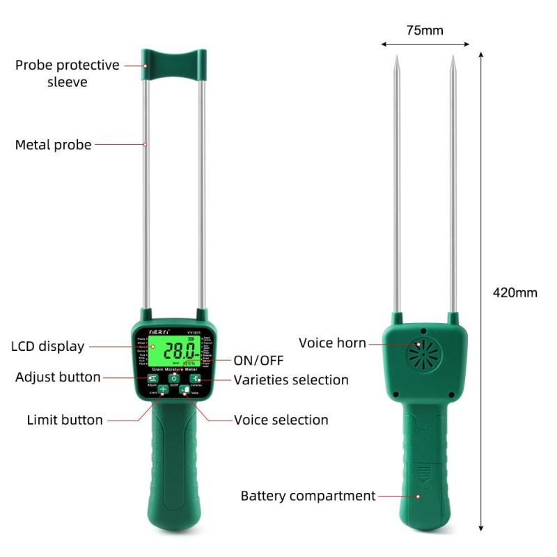 Digital Cereal Hygrometer 14 Kinds Grain Moisture Meter Voice Alarm Metal Probe High Sensitivity Sensors Practical Humidity Tester for Corn Rice Wheat Bean  |   Temperature & Humidity Measurements Measurement & Analysis Instruments Green